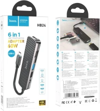 Hoco HB24 6en1 Type-C VERS (HDMI+USB3.0+USB2.0+SD+TF+PD), Prise en Charge 4K 30Hz-Gris Métal.
