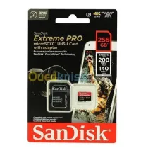 SANDISK EXTREME PRO 256GB - CARTE MÉMOIRE MSDXC UHS-I - JUSQU'À 200 MOS - UHD 4K - AVEC ADAPTER