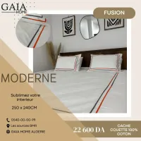 Parure cache couette et Taies d'oreillers brodées 100% coton - FUSION 2 places