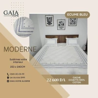 Parure cache couette et Taies d'oreillers brodées 100% coton - ECUME BLEU 2 places