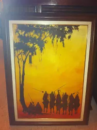 Ancien, rare tableau africain, Guerriers tribue Massaï 