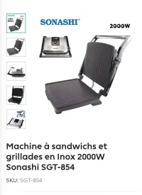 Machine à sandwichs et grillades en Inox 2000W Sonashi SGT-854