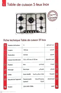 Table de cuisson 5 feux inox