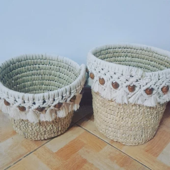 Ensemble de cache pot en macramè et rotin