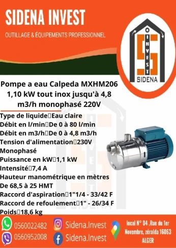 pompes multicellulaires horizontales monobloc en acier inoxidable MXHM 206 CALPEDA