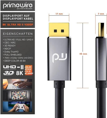 Câble DisplayPort 1.4 8k ► 32,4 Gbits ► 7680 x 4320 60Hz ► 3840 x 2160 120Hz ► 1920 x 1200 240Hz 2 M