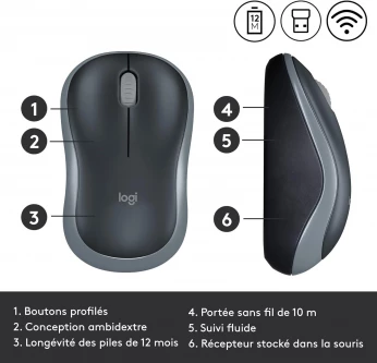 Logitech Souris Sans Fil M185 , Ambidextre,Compatible PC,Mac,Ordinateur Portable - Gris