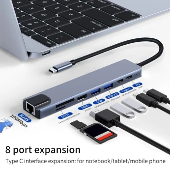 station d'accueil 8 en 1 Type:C, 4K HdTV, Tf Rj45, Charge Rapide PD pour Ordi Portable,Macbook