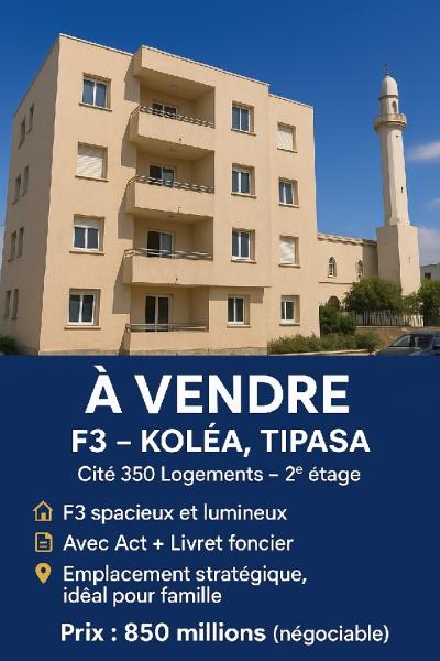 بيع شقة 3 غرف تيبازة القليعة