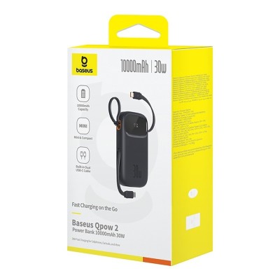 Baseus PowerBank QPow 2 - 30W 10000mAh Power Bank USB-C Cables intégré Batterie Externe - Black