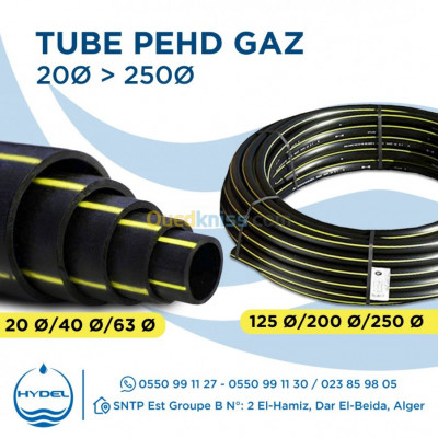 TUBE PEHD PE GAZ DN20|DN40|DN63|DN110|DN125|DN160|DN200|DN250