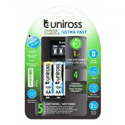 Chargeur de pile UNIROSS ULTRA FAST 1-2h LCD AA / AAA USB + 4 x Pile Uniross AA 2700mAh UCU005A