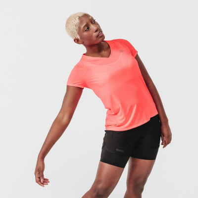 KALENJI T-shirt manches courtes running respirant femme - Dry corail fluo