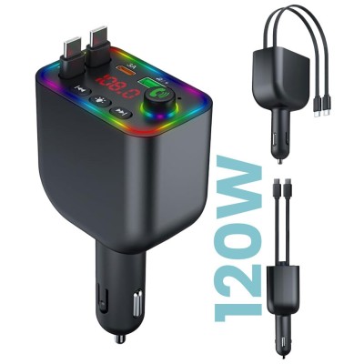 Chargeur de Voiture Rapide 120W 4 en 1 Rétractable avec Transmetteur FM