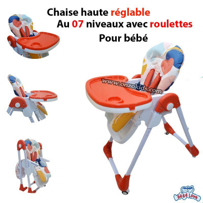 Chaise haute réglable à 07 niveaux avec roulettes pour bébé | Bébé Love