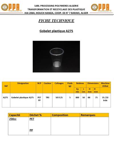 GOBELET PLASTIQUE A 275