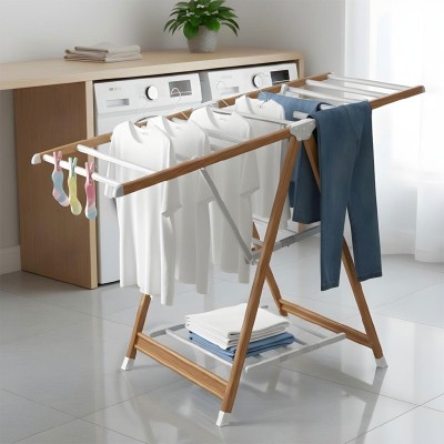 Sèche-linge Mobile Aluminium 4 Roues  Design Moderne Bois