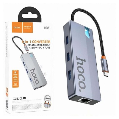 Station d'accueil HUB 6 en 1 HOCO HB51 TYPE-C vers to HDMI 4K + Rj45 + 3 * USB 3.0 + USB-C (PD) 100W