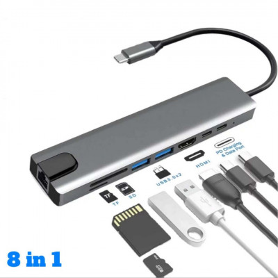 Adaptateur HUB 8 en 1 USB-C type-c to HDMI + RJ45 + 2 * Type-C + Carte SD + Micro SD + 2 * USB 3.0