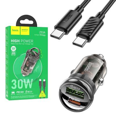 Chargeur AUTO 30W Type-c PD + USB QC3.0 HOCO Z53A + Câble USB-C Vers USB-C / Lightning 1m