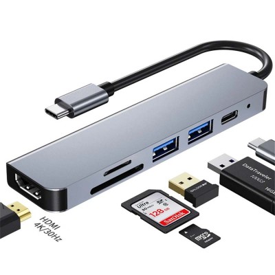 HUB Adaptateur 6 en 1 Type-c vers HDMI 4K + PD 87W USB-C + 2 x USB 3.0 + TF / SD