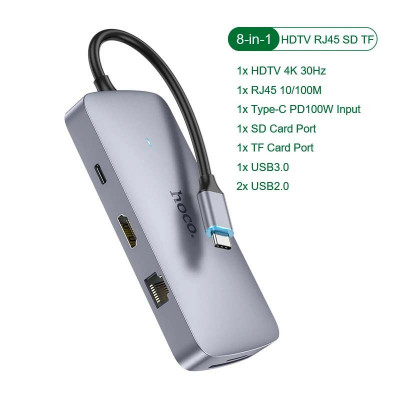 HUB 8 en 1 HOCO HB32 PD100W Type-c USB-C to HDMI RJ45 SD/TF 1 * USB 3.0 2 * USB 2.0 Type-c PD