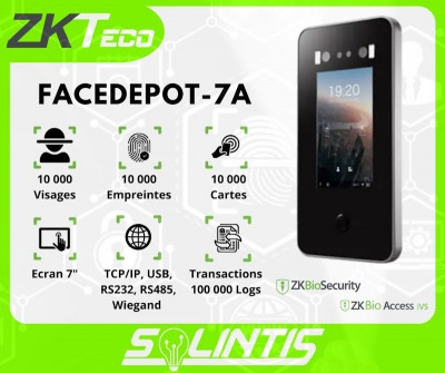 Terminal de reconnaissance faciale pour contrôle d'accès et pointage ZKTeco FaceDepot 7-A