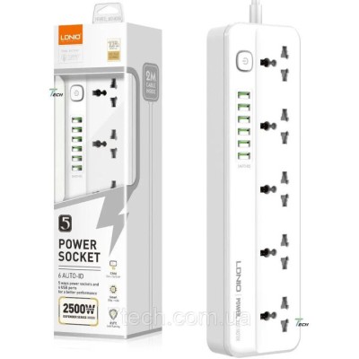 Multiprise LDNIO SC5614 | 5 Prises + 6 Ports USB Cable 2 Métre 2500W 