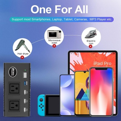 Inverseur de voiture 200 W 12v a 110v (2 prises 4 ports USB 3.0, prise allume cigare, écran LED)