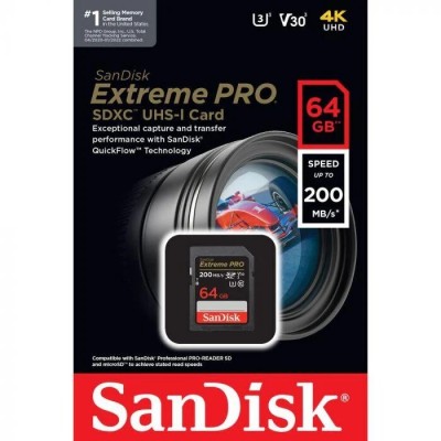 SANDISK EXTREME PRO 64GB - CARTE SDXC UHS-I - VIDEO 4K UHD - 200MO/S LECTURE - BLACK