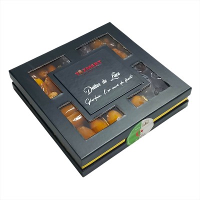 Boite carrée de datte mixte Balla/Dali/Jouhart/Zwin/Kermouss/Kaci 900 Gr