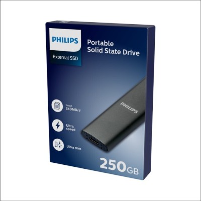 PHILIPS DISQUE DUR SSD EXTERNE 250GO - 540 MO/S - USB-A VERS USB-C - PC ET MAC - ALUMINIUM - GREY