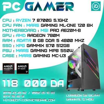 PC GAMER - MSI PRO A620M-B - RYZEN 7 8700G - 8GO DDR5 - 512GO - ML-ONE 120 - MPB 550W - MC-U3 BLACK