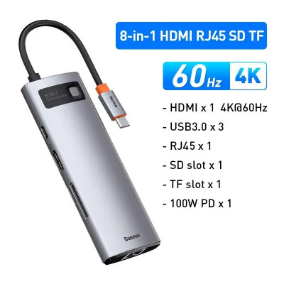 Hub 8in1 USB-C Baseus 4K 60Hz - Adaptateur Type-C vers Ethernet, PD 100W pour MacBook Pro et USB 3.0