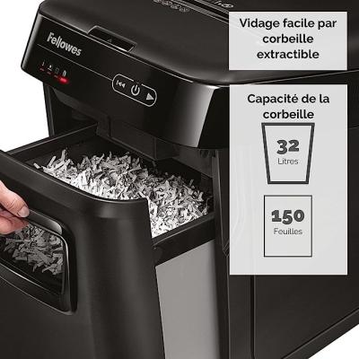 DESTRUCTEUR DE DOCUMENTS  FELLOWES  AUTOMAX 150C COUPE CROISEE P4 32LITRES