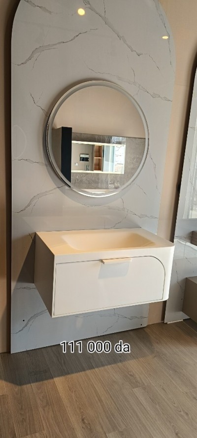 Meuble de salle de bain 90 cm arrondi avec vasque thermoformé en corian blanc therm