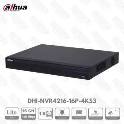 NVR Lite, 16 canaux,16 PoE 130W, up to 8MP, Max 160 Mbps, 2HDDs, H.265 DHI-NVR4216-16P-4KS3