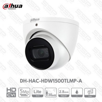 Camera HDCVI Dôme, 5MP, Objectif 2.8mm, IR:30m, Audio,DH-HAC-HDW1500TLMP-A