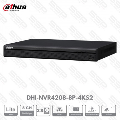 NVR LITE, 08 canaux, up to 8MP, 8PoE, Max 200Mbps, 2HDD, DHI-NVR4208-8P-4KS2