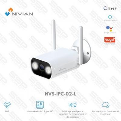 Caméra NIVIAN Wi-Fi 2K fixe d'extérieur avec IA et lumière, NVS-IPC-02-L