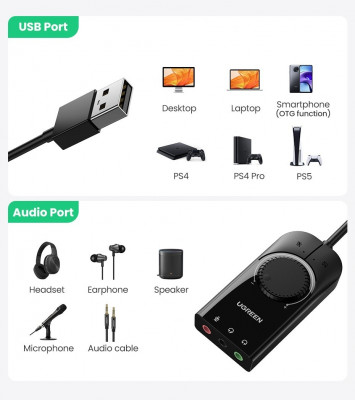 Ugreen carte son externe USB 3.5mm adaptateur Audio pour Microphone, ordinateur portable PS4 ...