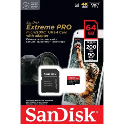 Carte memoire Extreme Pro microSDXC 64Go V30 U3 C10 A2 200Mo/s R 90Mo/s W avec adaptateur SD