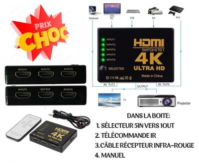 Switch HDMI 4K, Multi HDMI Switch HDMI 5 Entrées 1 Sortie, Commutateur HDMI  avec Télécommande, Multiprise HDMI 5 Port HDMI Selector Box Supporte 4K 3D  UHD, Multi HDMI pour TV, PS5,Blu-Ray, DVD