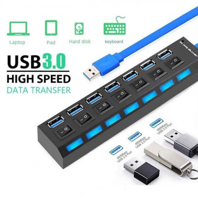 Hub USB 3.0 7Ports USB Avec Interrupteur Marche/Arrêt Pour PC Mac OS et adaptateur d'alimentation