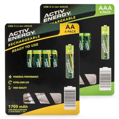 ACTIV ENERGY des piles rechargeables USB-C Li-ion Pack (4*AA) 1400mAh (4*AAA) 400mAh