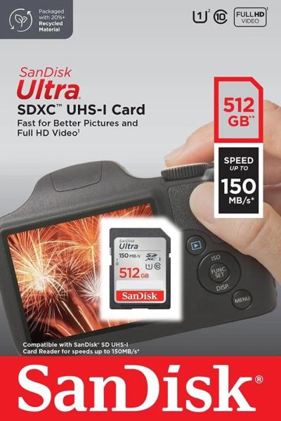 SANDISK ULTRA SD 512GB - CARTE MÉMOIRE SDXC - JUSQU'À 150 MO/S - FULL HD - UHSI-CARD