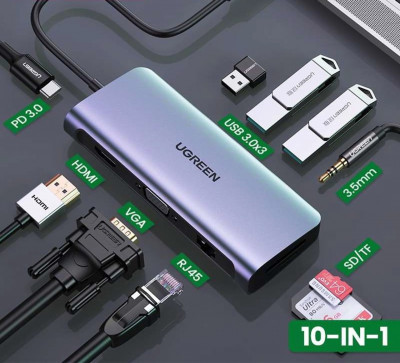 UGREEN 10 IN 1 USB TYPE-C 4K 30HZ / VGA / USB 3.0 / SD CARD / USB TYPE-C / RJ45 / AUDIO 