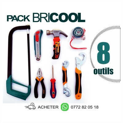 PACK BriCOOL 8 Outils essentiels /outillage marteau/tournevis/pince/mètre/cutter/scie أدوات ضرورية 8