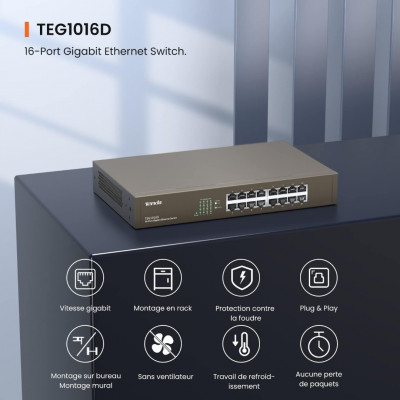 Tenda Switch Ethernet 16 Ports,Gigabit 10/100/1000 Mbps, Plug & Play, Auto MDI/MDIX