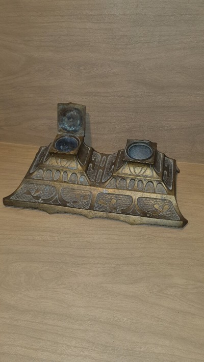 Élégant Encrier Double Ancien en Bronze, Style Art Nouveau, c. 1900